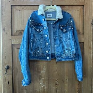 Hudson Studded Denim Jacket with Shearling Collar